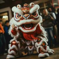 Dragão ou leão dança mostrar Barongsai dentro celebração chinês lunar Novo ano festival. ásia tradicional conceito de ai gerado foto