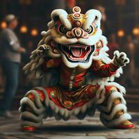 Dragão ou leão dança mostrar Barongsai dentro celebração chinês lunar Novo ano festival. ásia tradicional conceito de ai gerado foto