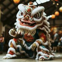 Dragão ou leão dança mostrar Barongsai dentro celebração chinês lunar Novo ano festival. ásia tradicional conceito de ai gerado foto