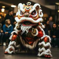 Dragão ou leão dança mostrar Barongsai dentro celebração chinês lunar Novo ano festival. ásia tradicional conceito de ai gerado foto