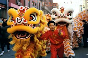 Dragão ou leão dança mostrar Barongsai dentro celebração chinês lunar Novo ano festival. ásia tradicional conceito de ai gerado foto