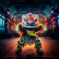 Dragão ou leão dança mostrar Barongsai dentro celebração chinês lunar Novo ano festival. ásia tradicional conceito de ai gerado foto