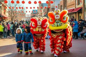 Dragão ou leão dança mostrar Barongsai dentro celebração chinês lunar Novo ano festival. ásia tradicional conceito de ai gerado foto