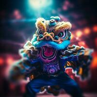 Dragão ou leão dança mostrar Barongsai dentro celebração chinês lunar Novo ano festival. ásia tradicional conceito de ai gerado foto