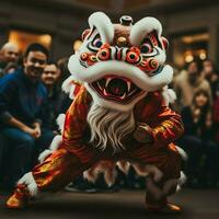 Dragão ou leão dança mostrar Barongsai dentro celebração chinês lunar Novo ano festival. ásia tradicional conceito de ai gerado foto