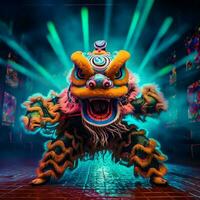 Dragão ou leão dança mostrar Barongsai dentro celebração chinês lunar Novo ano festival. ásia tradicional conceito de ai gerado foto