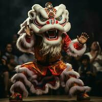 Dragão ou leão dança mostrar Barongsai dentro celebração chinês lunar Novo ano festival. ásia tradicional conceito de ai gerado foto