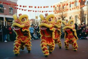 Dragão ou leão dança mostrar Barongsai dentro celebração chinês lunar Novo ano festival. ásia tradicional conceito de ai gerado foto