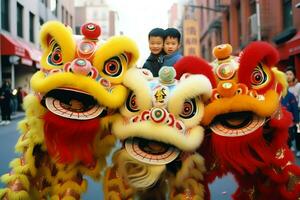 Dragão ou leão dança mostrar Barongsai dentro celebração chinês lunar Novo ano festival. ásia tradicional conceito de ai gerado foto