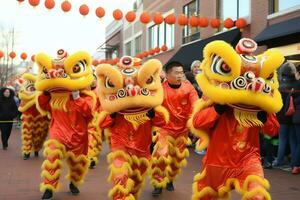 Dragão ou leão dança mostrar Barongsai dentro celebração chinês lunar Novo ano festival. ásia tradicional conceito de ai gerado foto