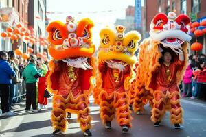 Dragão ou leão dança mostrar Barongsai dentro celebração chinês lunar Novo ano festival. ásia tradicional conceito de ai gerado foto