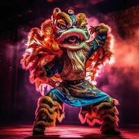 Dragão ou leão dança mostrar Barongsai dentro celebração chinês lunar Novo ano festival. ásia tradicional conceito de ai gerado foto