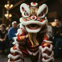 Dragão ou leão dança mostrar Barongsai dentro celebração chinês lunar Novo ano festival. ásia tradicional conceito de ai gerado foto