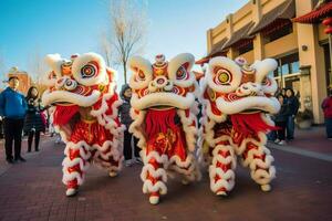 Dragão ou leão dança mostrar Barongsai dentro celebração chinês lunar Novo ano festival. ásia tradicional conceito de ai gerado foto