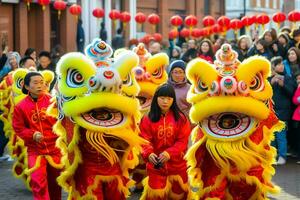 Dragão ou leão dança mostrar Barongsai dentro celebração chinês lunar Novo ano festival. ásia tradicional conceito de ai gerado foto