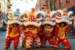 Dragão ou leão dança mostrar Barongsai dentro celebração chinês lunar Novo ano festival. ásia tradicional conceito de ai gerado foto