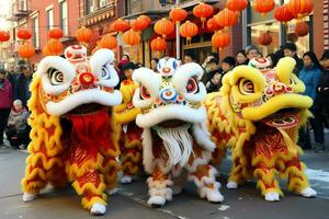 Dragão ou leão dança mostrar Barongsai dentro celebração chinês lunar Novo ano festival. ásia tradicional conceito de ai gerado foto