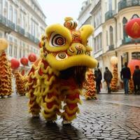 Dragão ou leão dança mostrar Barongsai dentro celebração chinês lunar Novo ano festival. ásia tradicional conceito de ai gerado foto