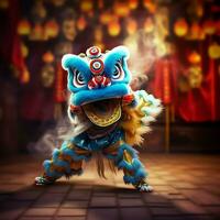 Dragão ou leão dança mostrar Barongsai dentro celebração chinês lunar Novo ano festival. ásia tradicional conceito de ai gerado foto