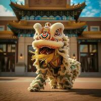 Dragão ou leão dança mostrar Barongsai dentro celebração chinês lunar Novo ano festival. ásia tradicional conceito de ai gerado foto