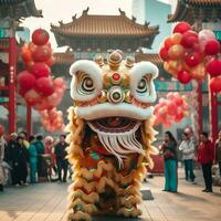 Dragão ou leão dança mostrar Barongsai dentro celebração chinês lunar Novo ano festival. ásia tradicional conceito de ai gerado foto