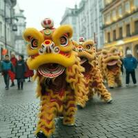 Dragão ou leão dança mostrar Barongsai dentro celebração chinês lunar Novo ano festival. ásia tradicional conceito de ai gerado foto