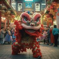 Dragão ou leão dança mostrar Barongsai dentro celebração chinês lunar Novo ano festival. ásia tradicional conceito de ai gerado foto