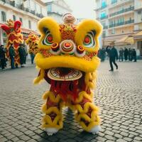 Dragão ou leão dança mostrar Barongsai dentro celebração chinês lunar Novo ano festival. ásia tradicional conceito de ai gerado foto