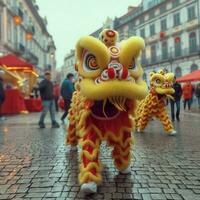 Dragão ou leão dança mostrar Barongsai dentro celebração chinês lunar Novo ano festival. ásia tradicional conceito de ai gerado foto