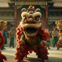 Dragão ou leão dança mostrar Barongsai dentro celebração chinês lunar Novo ano festival. ásia tradicional conceito de ai gerado foto