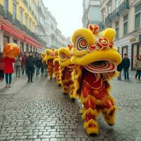 Dragão ou leão dança mostrar Barongsai dentro celebração chinês lunar Novo ano festival. ásia tradicional conceito de ai gerado foto