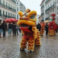 Dragão ou leão dança mostrar Barongsai dentro celebração chinês lunar Novo ano festival. ásia tradicional conceito de ai gerado foto