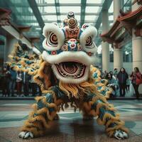 Dragão ou leão dança mostrar Barongsai dentro celebração chinês lunar Novo ano festival. ásia tradicional conceito de ai gerado foto