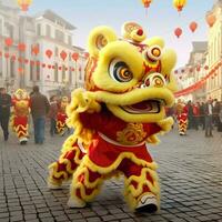 Dragão ou leão dança mostrar Barongsai dentro celebração chinês lunar Novo ano festival. ásia tradicional conceito de ai gerado foto