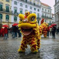 Dragão ou leão dança mostrar Barongsai dentro celebração chinês lunar Novo ano festival. ásia tradicional conceito de ai gerado foto