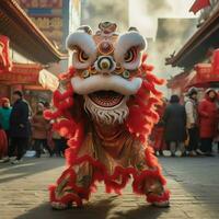 Dragão ou leão dança mostrar Barongsai dentro celebração chinês lunar Novo ano festival. ásia tradicional conceito de ai gerado foto