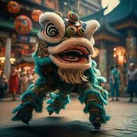 Dragão ou leão dança mostrar Barongsai dentro celebração chinês lunar Novo ano festival. ásia tradicional conceito de ai gerado foto