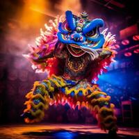 Dragão ou leão dança mostrar Barongsai dentro celebração chinês lunar Novo ano festival. ásia tradicional conceito de ai gerado foto