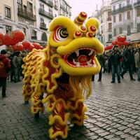 Dragão ou leão dança mostrar Barongsai dentro celebração chinês lunar Novo ano festival. ásia tradicional conceito de ai gerado foto