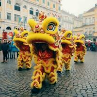 Dragão ou leão dança mostrar Barongsai dentro celebração chinês lunar Novo ano festival. ásia tradicional conceito de ai gerado foto