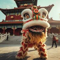 Dragão ou leão dança mostrar Barongsai dentro celebração chinês lunar Novo ano festival. ásia tradicional conceito de ai gerado foto