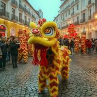 Dragão ou leão dança mostrar Barongsai dentro celebração chinês lunar Novo ano festival. ásia tradicional conceito de ai gerado foto