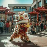 Dragão ou leão dança mostrar Barongsai dentro celebração chinês lunar Novo ano festival. ásia tradicional conceito de ai gerado foto