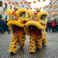 Dragão ou leão dança mostrar Barongsai dentro celebração chinês lunar Novo ano festival. ásia tradicional conceito de ai gerado foto