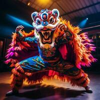 Dragão ou leão dança mostrar Barongsai dentro celebração chinês lunar Novo ano festival. ásia tradicional conceito de ai gerado foto