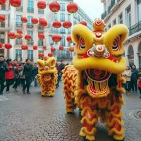 Dragão ou leão dança mostrar Barongsai dentro celebração chinês lunar Novo ano festival. ásia tradicional conceito de ai gerado foto