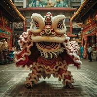 Dragão ou leão dança mostrar Barongsai dentro celebração chinês lunar Novo ano festival. ásia tradicional conceito de ai gerado foto