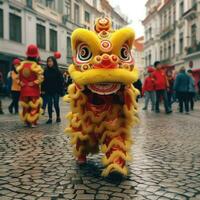 Dragão ou leão dança mostrar Barongsai dentro celebração chinês lunar Novo ano festival. ásia tradicional conceito de ai gerado foto