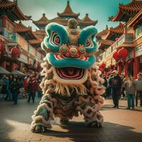 Dragão ou leão dança mostrar Barongsai dentro celebração chinês lunar Novo ano festival. ásia tradicional conceito de ai gerado foto