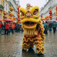 Dragão ou leão dança mostrar Barongsai dentro celebração chinês lunar Novo ano festival. ásia tradicional conceito de ai gerado foto